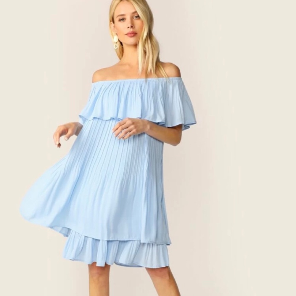Flounce Foldover Front Layered Pleated Dress